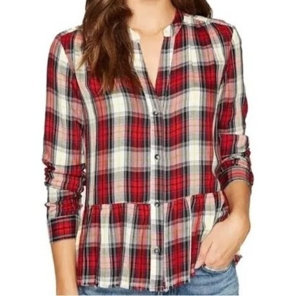 Splendid Red Plaid Edgeware Top Size XS Peplum Raw Hem Button Up Split Neck